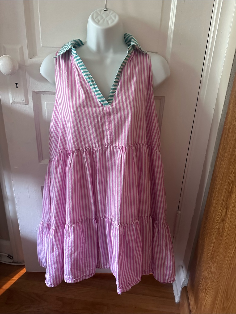 Pink & White Striped Sleeveless Tiered Dress Green Collar Mini Dress Collar